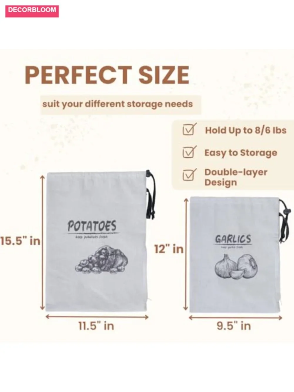 3 Pack Reusable Cotton Produce Storage Bags with Drawstring